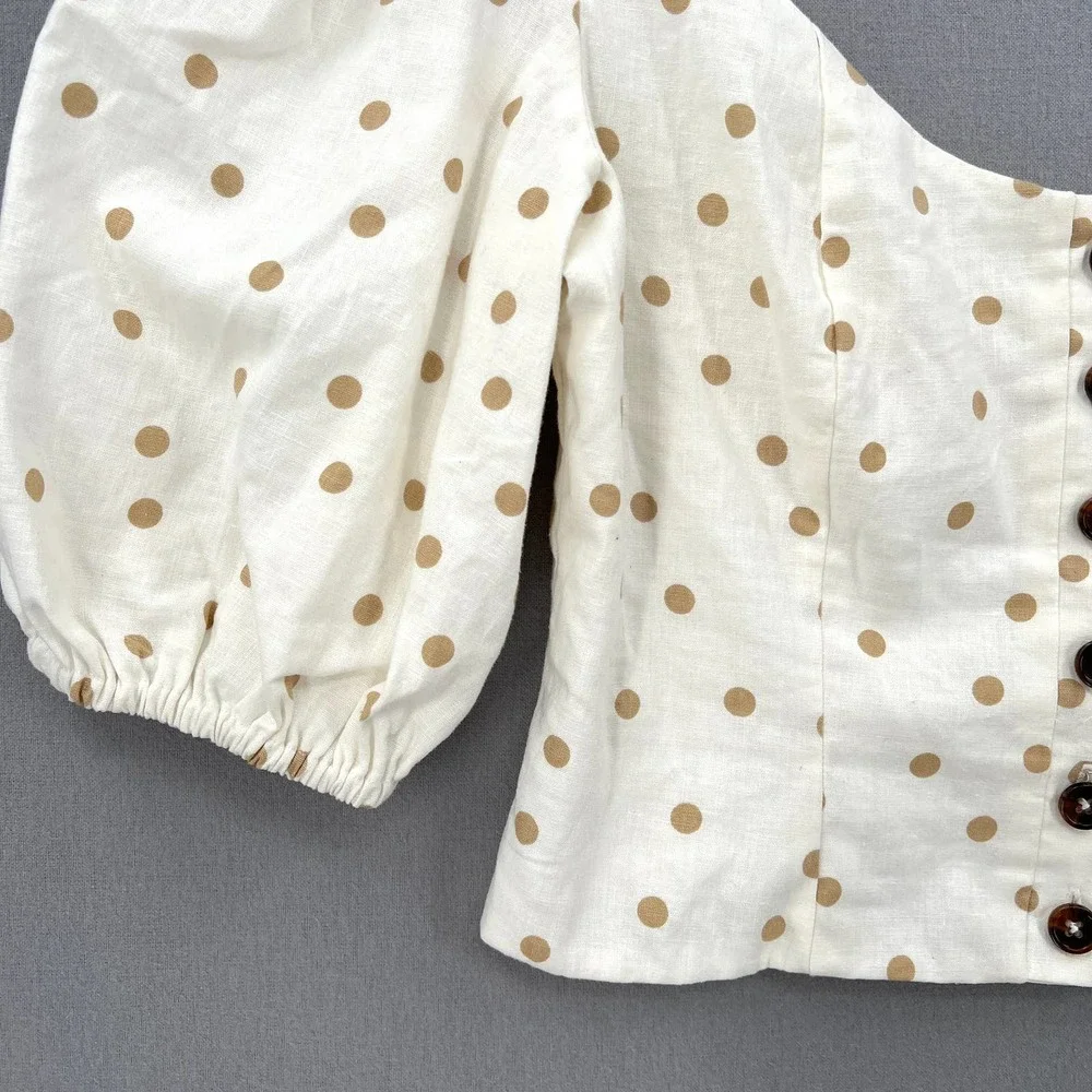 LPA Shirt Womens Medium White Linen Puff Sleeve Crop Top Button Front Polka Dot - Picture 5 of 14